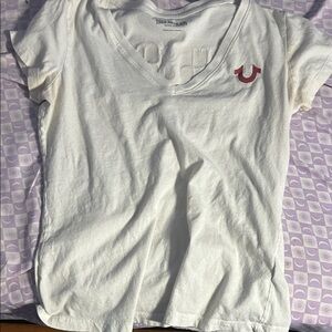 True Religion Cream V-Neck Tee with Red Emblem